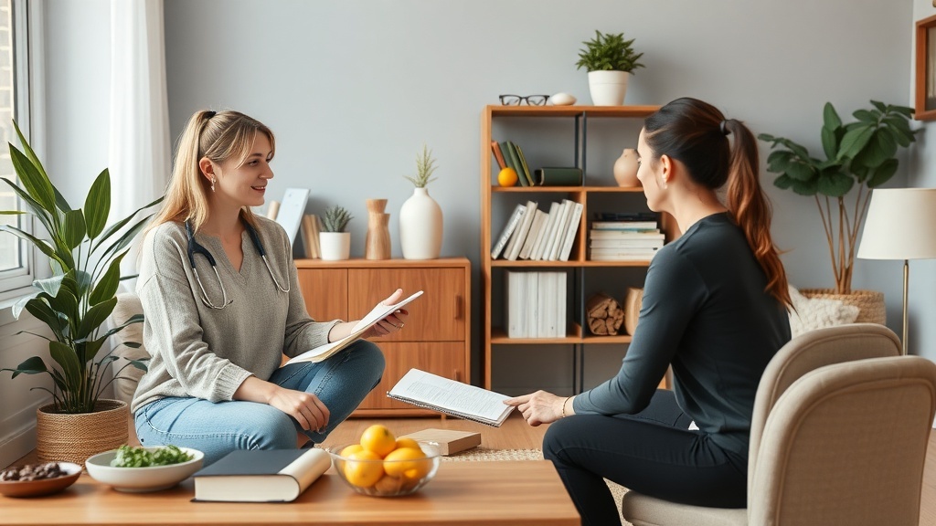 A health and wellness coach discussing plans with a client in a cozy setting.