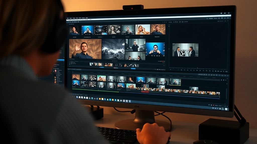 A person editing video on a computer with multiple clips displayed on the screen.