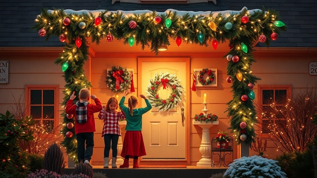 Children admiring a beautifully decorated holiday porch with lights and ornaments.