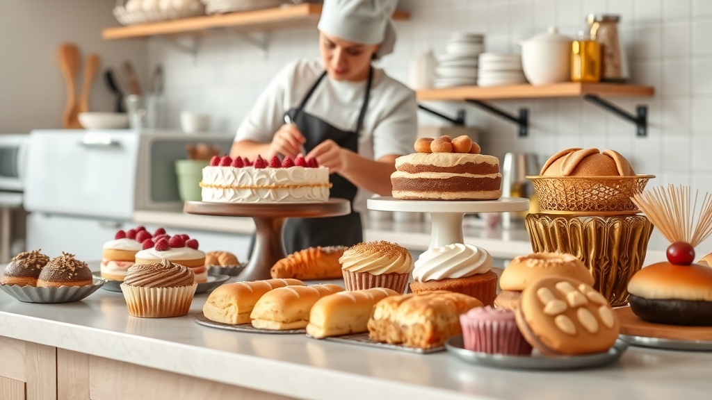 A variety of baked goods displayed in a home bakery setting, with a baker working in the background.