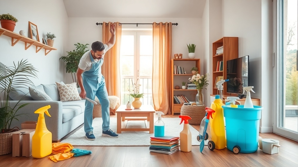 A person cleaning a living room with various cleaning supplies around.
