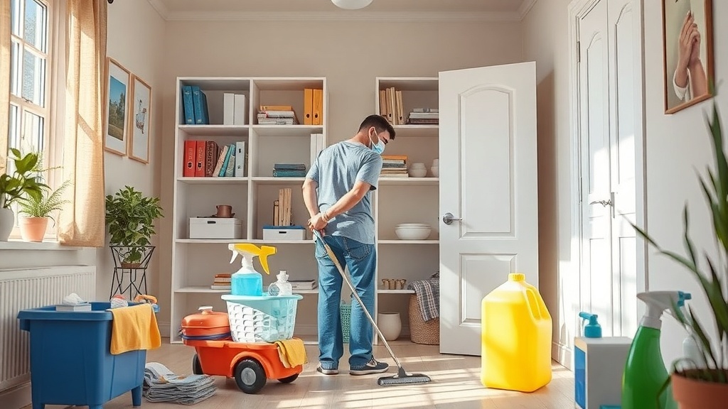 A person cleaning a room with various cleaning supplies in a well-lit space.