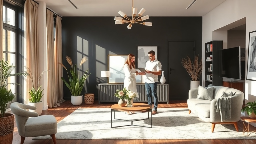 A couple discussing home renovation plans in a modern living room with plants and stylish furniture.