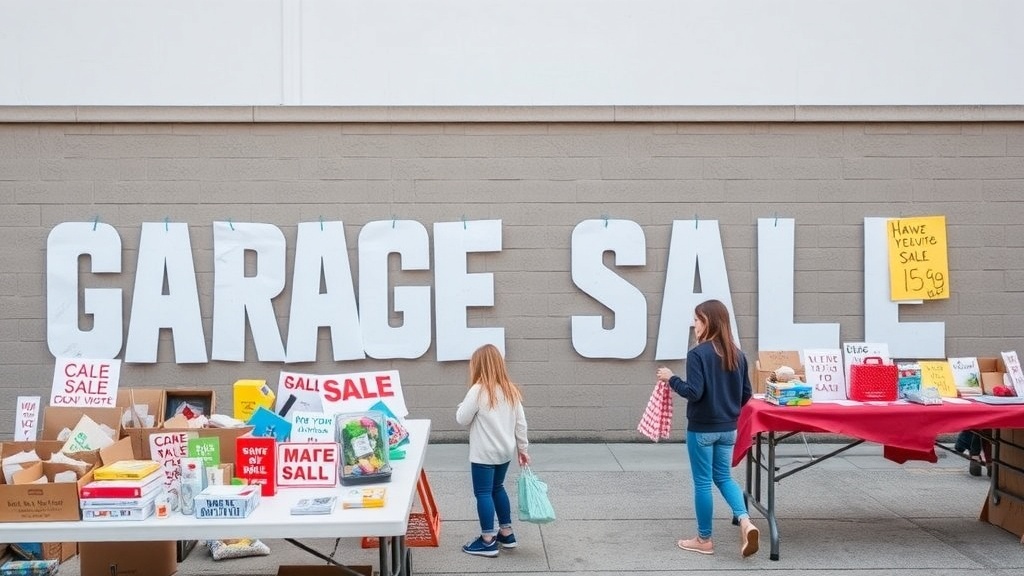 A neighborhood garage sale setup with a large sign and tables filled with items for sale.