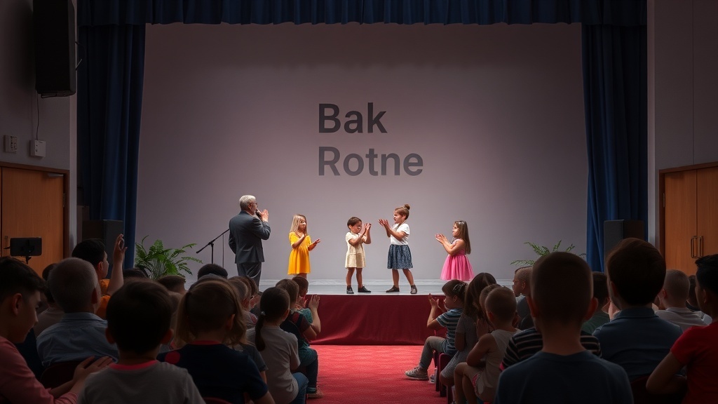 Children performing on stage at a talent show with an audience clapping