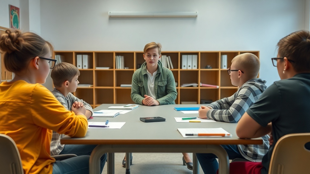 A group of teenagers in a classroom setting, with one person leading a workshop or class.