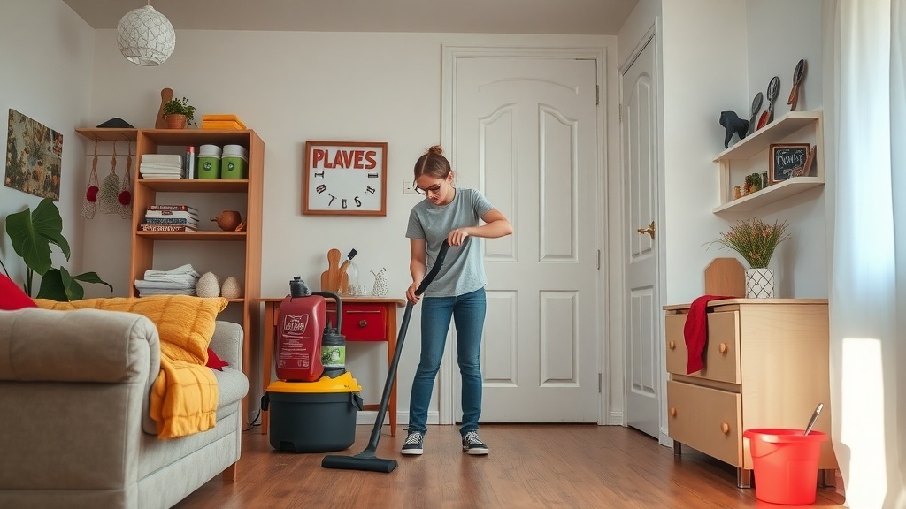 A teenager cleaning a room with a vacuum cleaner