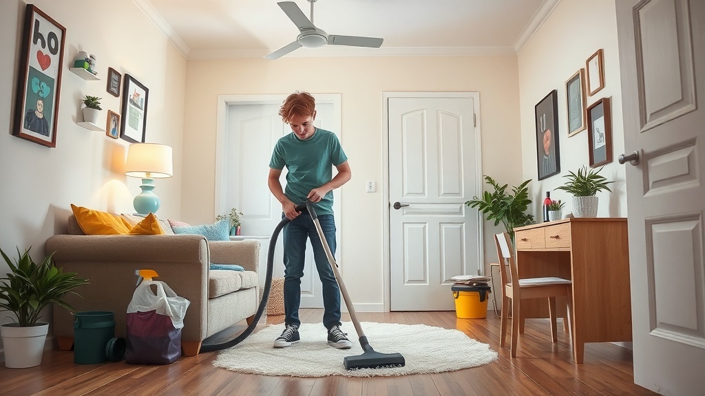 Teenager vacuuming a room, showcasing house cleaning services as a side hustle.
