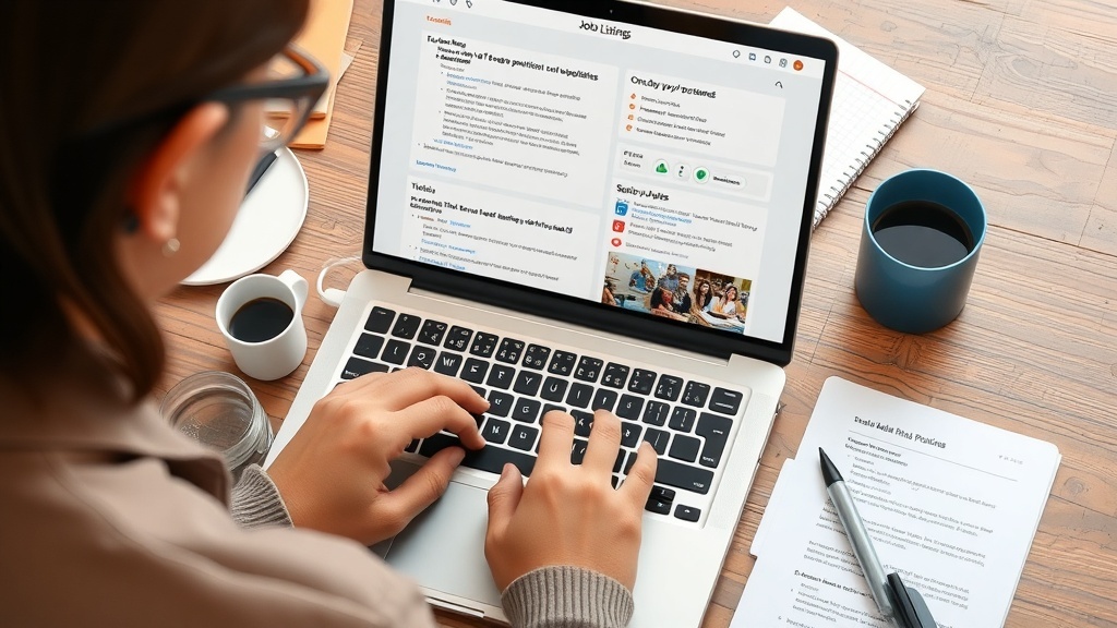 A person searching for job listings on a laptop, with a cup of coffee and notes nearby.