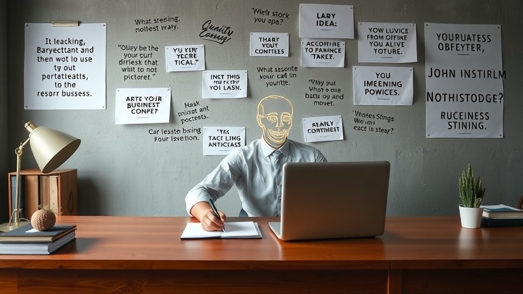 A person at a desk with notes on the wall, brainstorming ideas for a work-from-home business.