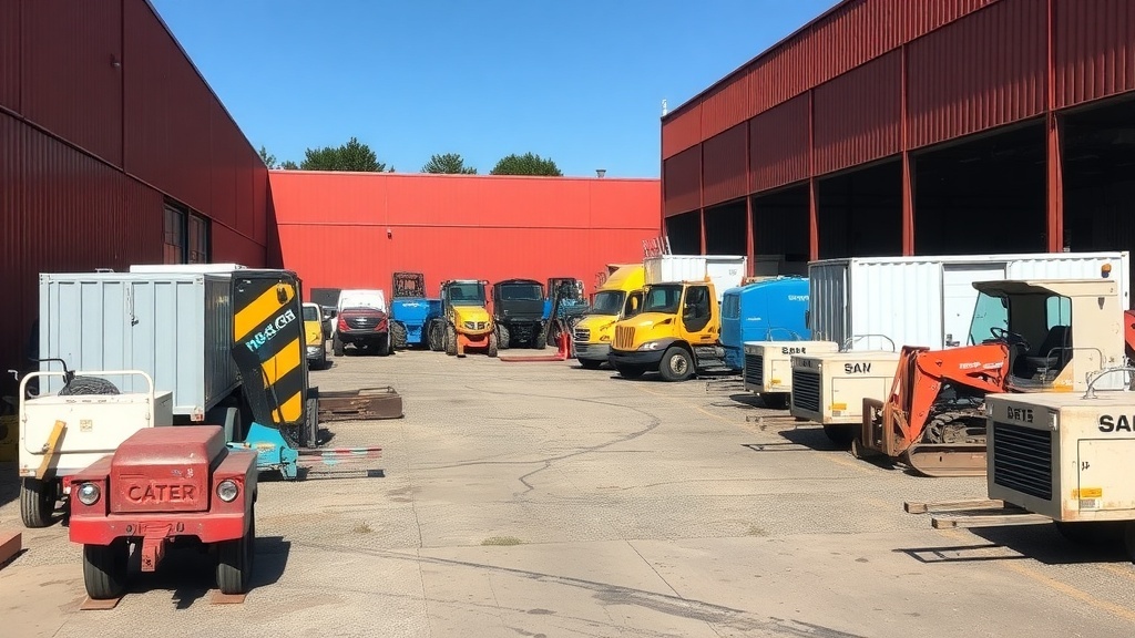 A rental yard filled with various industrial equipment including tractors and forklifts.