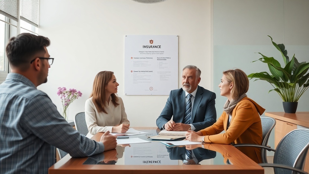 A group of professionals in a meeting at an insurance agency discussing policies.