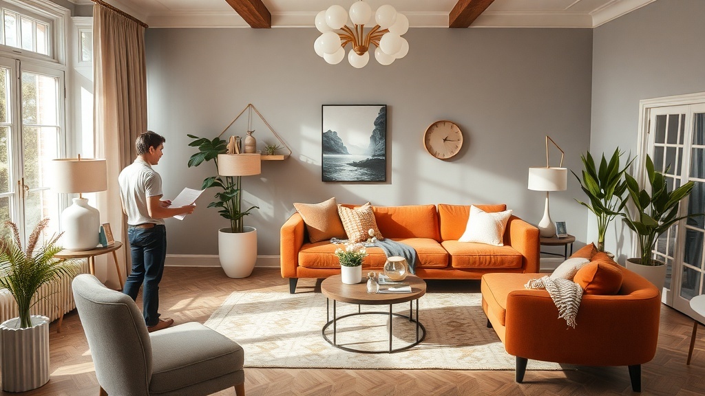 A stylish living room with a person reviewing interior design plans.