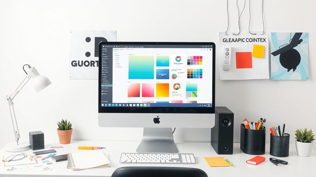 A modern workspace with a computer displaying color palettes, stationery, and a plant.