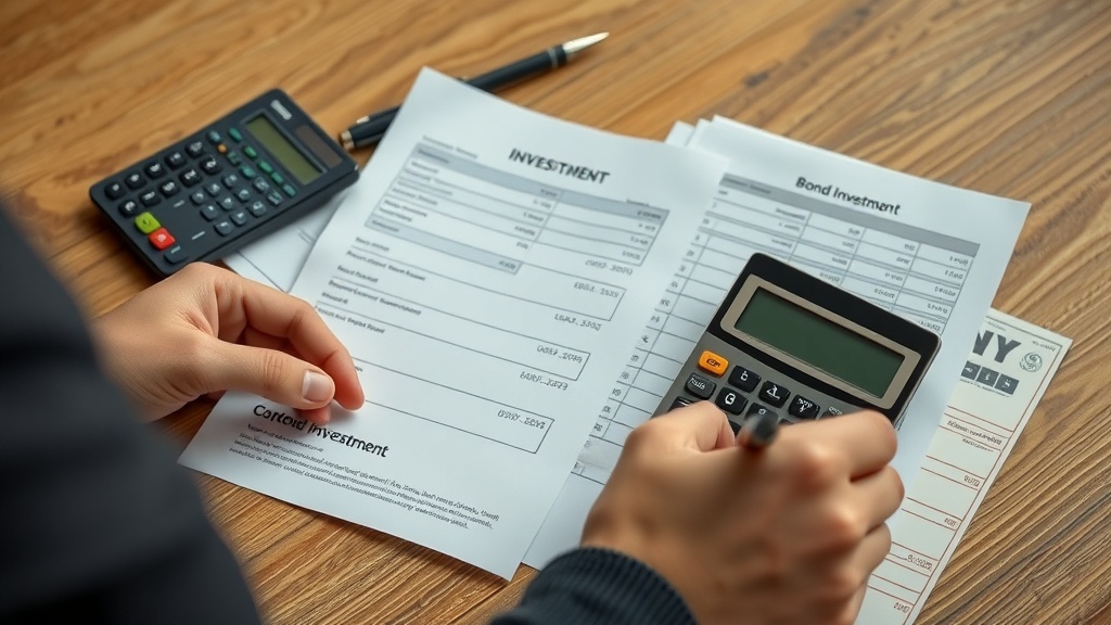 A person analyzing investment documents with a calculator and a pen on a wooden table.