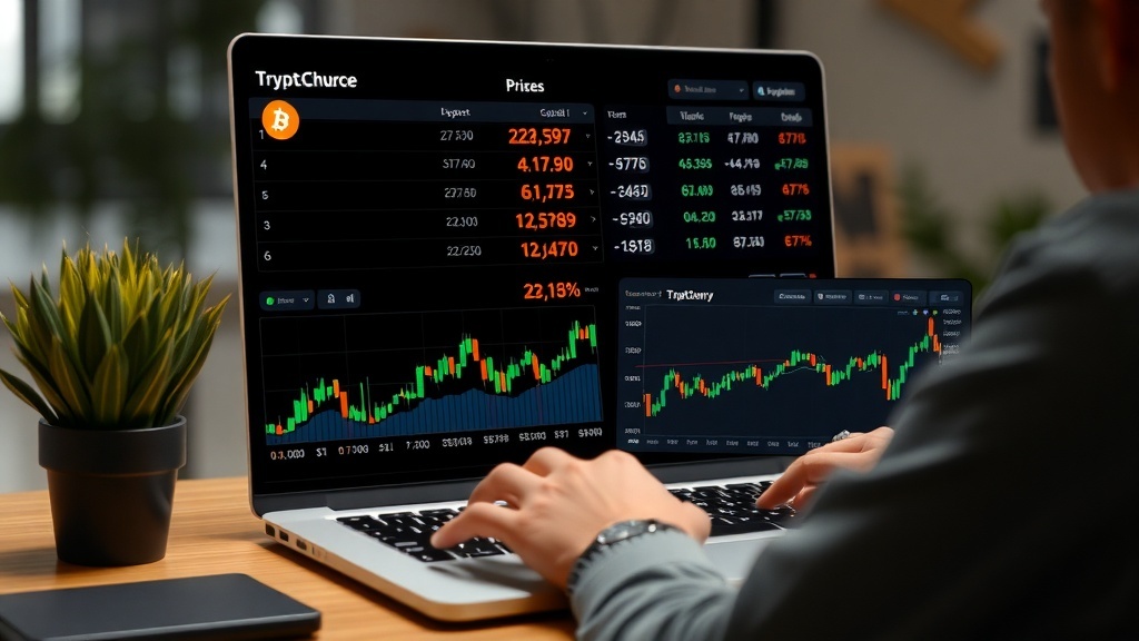 A person analyzing cryptocurrency prices on a laptop with charts and data.