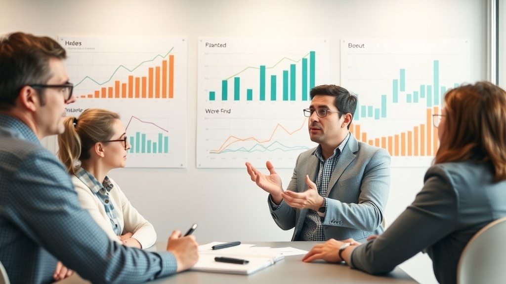 A group of professionals discussing financial data with charts showing market trends.