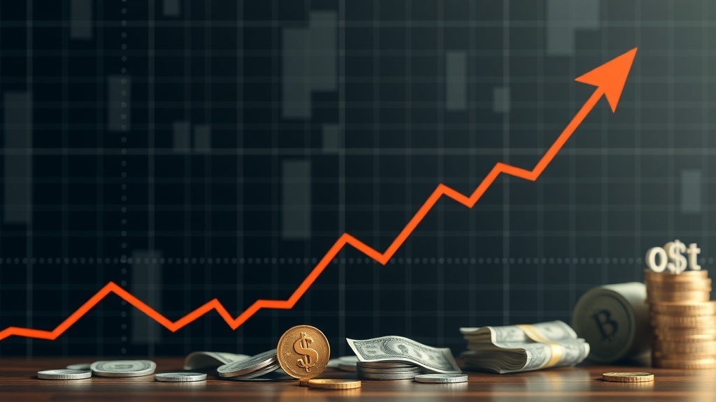 An upward trending graph with coins and cash, representing financial growth and dividend investing.