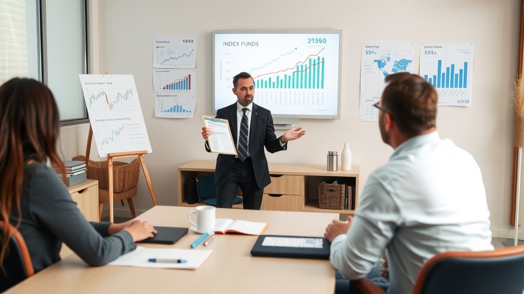 A professional presenting information about index funds in a meeting room, with charts and graphs displayed.