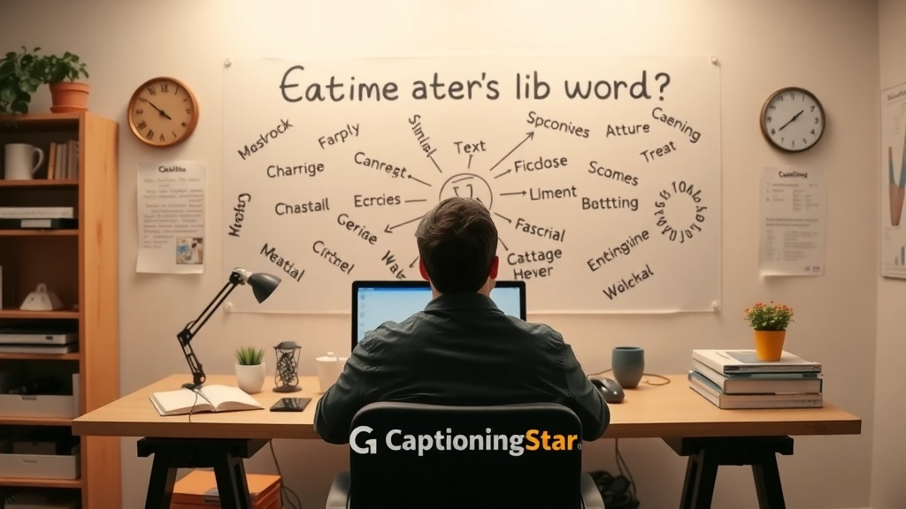 A person at a desk working on a computer with a brainstorming wall behind them, showcasing words and ideas related to captioning.