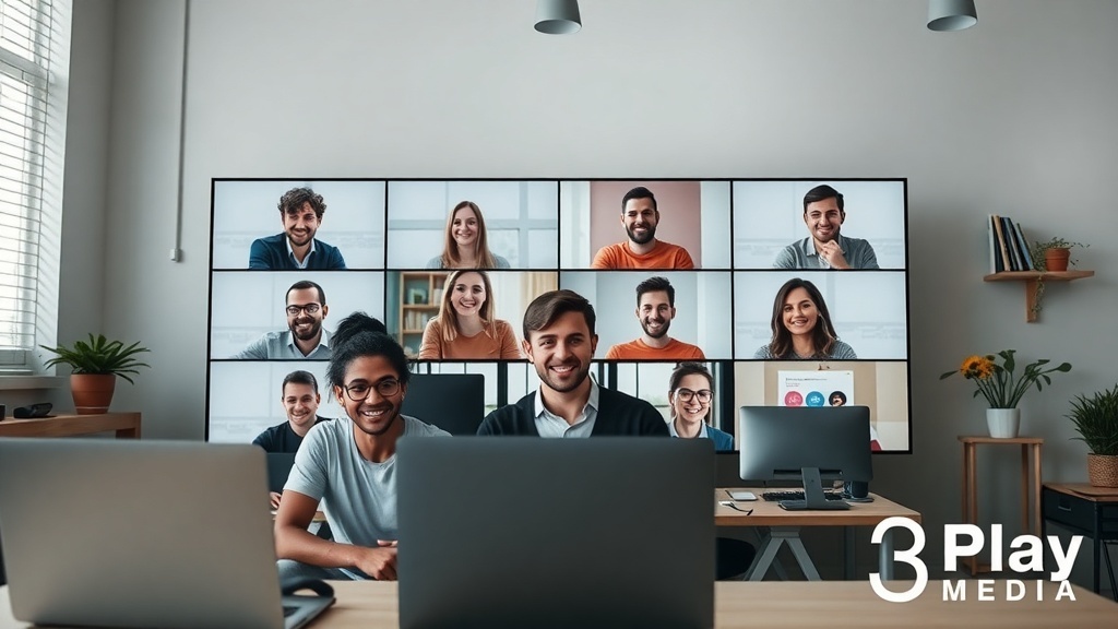 A team meeting at 3Play Media with smiling employees on a video call.