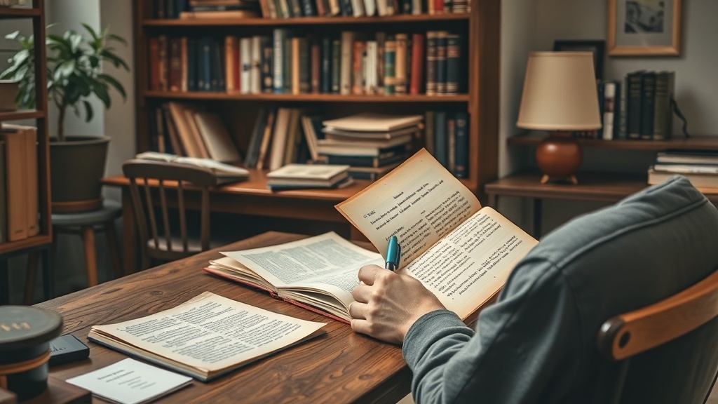 A person reading and taking notes in a cozy library setting with bookshelves in the background.