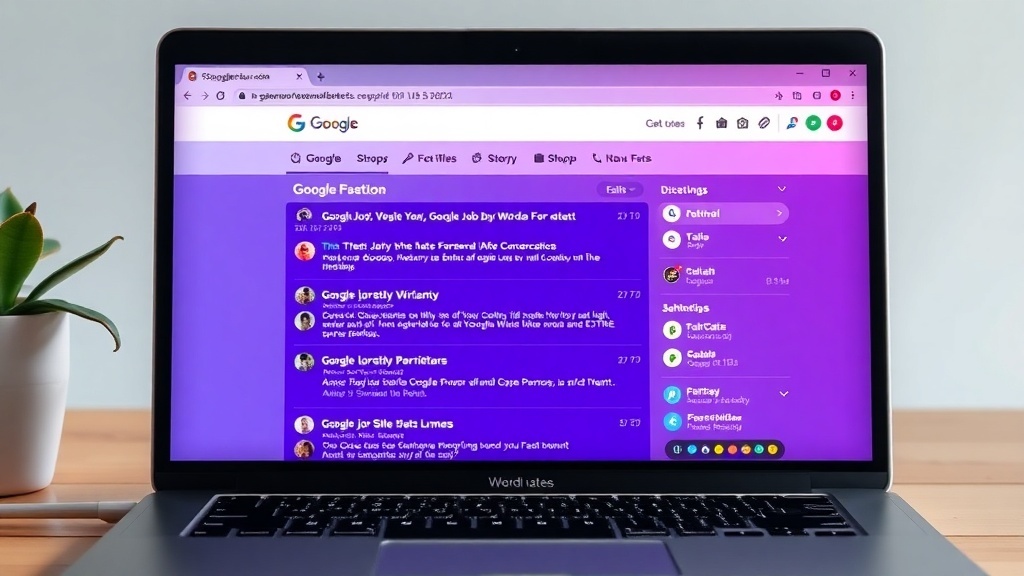 A laptop displaying a Google search page with a community forum titled 'Google Faction' open.