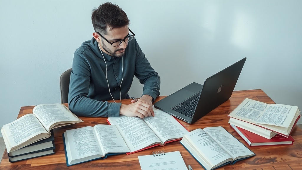 A person studying and working on language translation with books and a laptop.