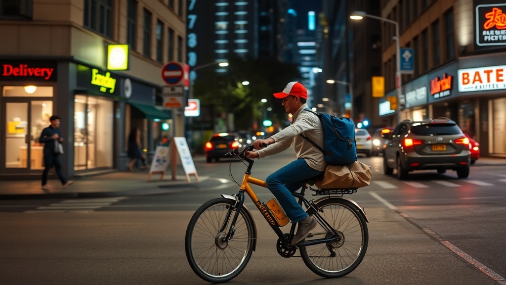 A cyclist in a city at night, ready for food delivery, with bright signs and a lively atmosphere.