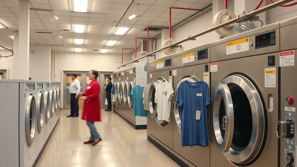 A modern laundromat with washing machines and customers doing laundry.
