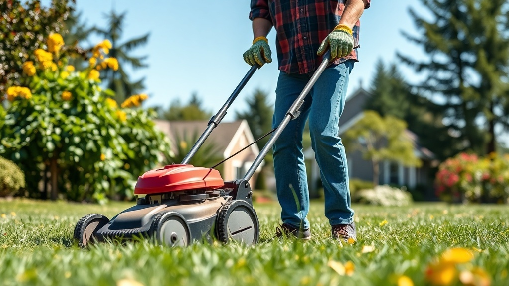 A person mowing a lawn with a red lawn mower in a garden setting.
