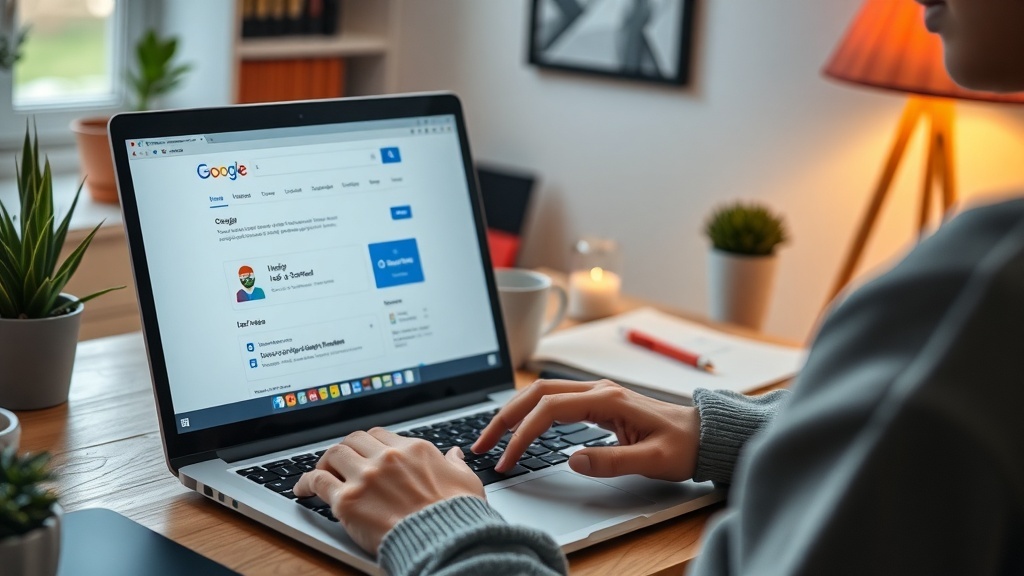 A person using a laptop to search for jobs on Google, with a cozy workspace in the background.