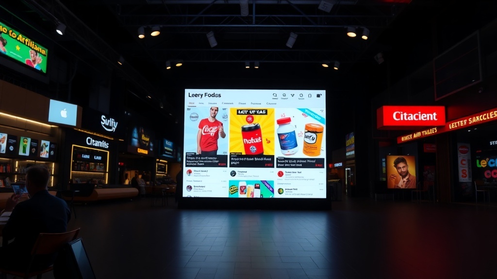 A large screen displaying social media content in a lively setting.