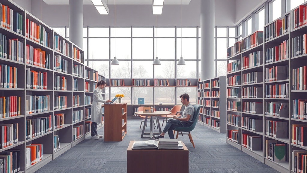 A modern library with colorful bookshelves, a librarian assisting a visitor, and a person reading in a chair.