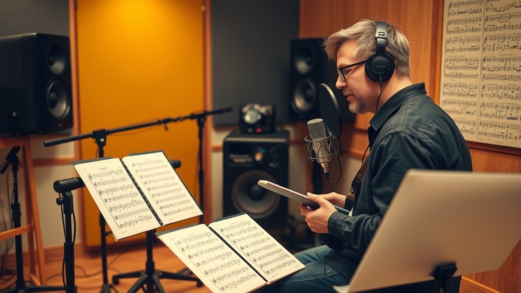 A musician in a recording studio with music sheets and audio equipment.