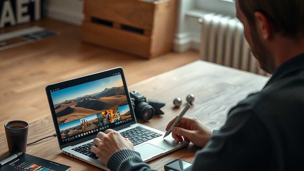 A person working on a laptop with photography equipment on a wooden desk.