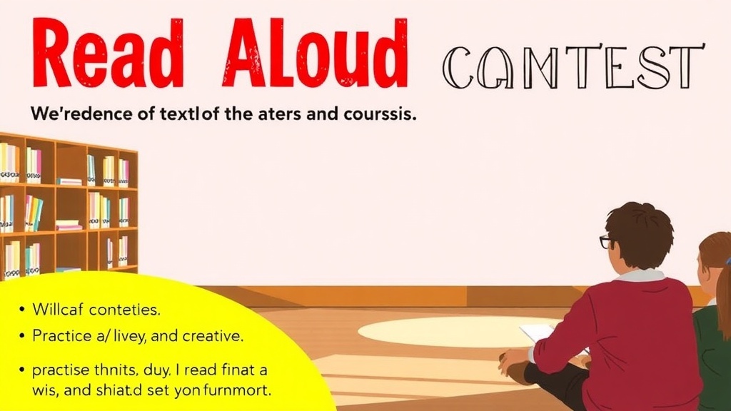 An illustration of a read aloud contest with participants and a bookshelf.