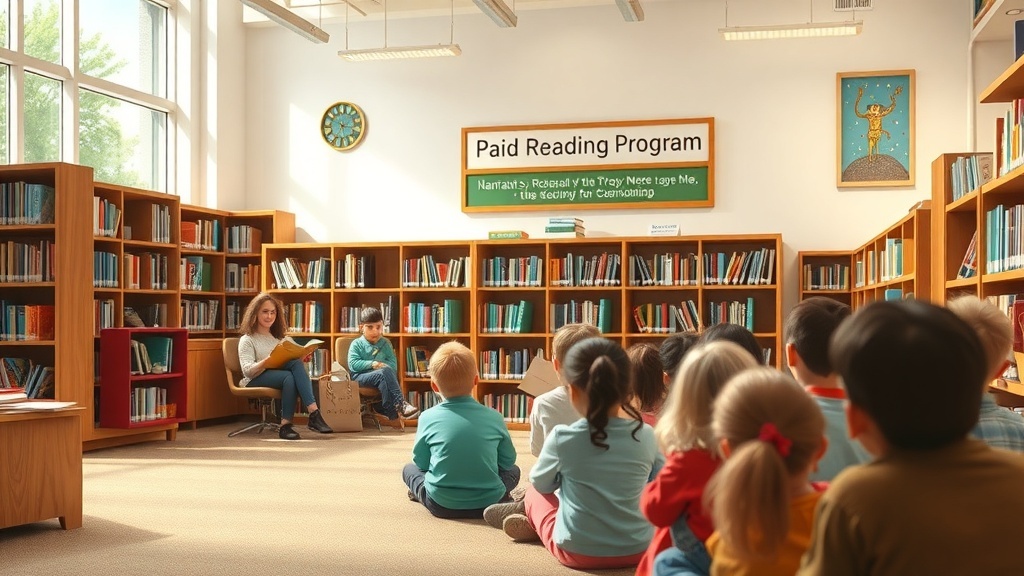 A cozy library with a reader sharing a story with children in a paid reading program.