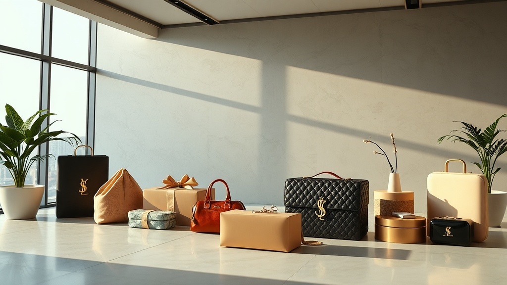 A collection of luxury bags and gifts in a stylish setting.