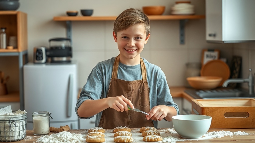 A young boy baking in a kitchen, smiling while preparing baked goods.