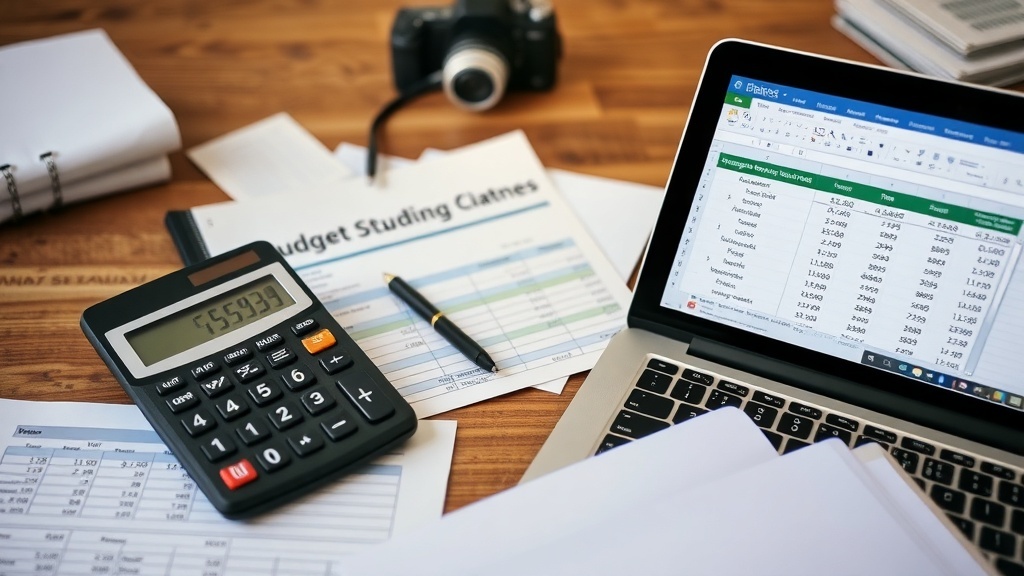 A workspace with a calculator, laptop showing a budgeting spreadsheet, and scattered papers.