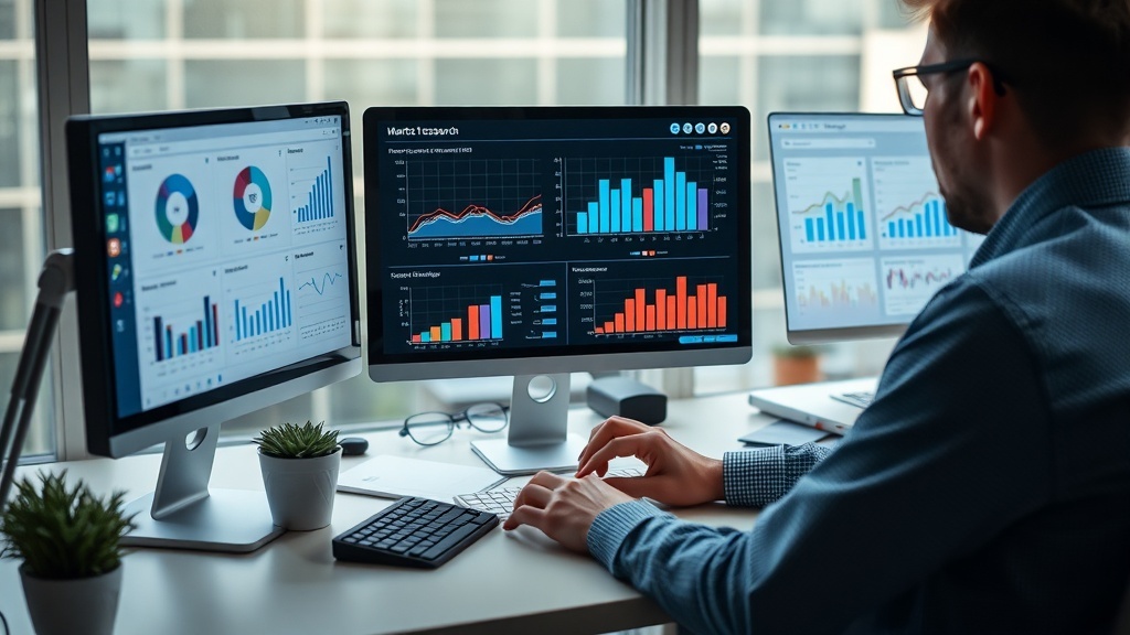 A market research analyst working at a desk with multiple computer screens displaying graphs and data.