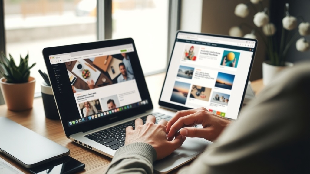A person typing on a laptop with another laptop displaying a website, surrounded by plants and a cozy workspace.