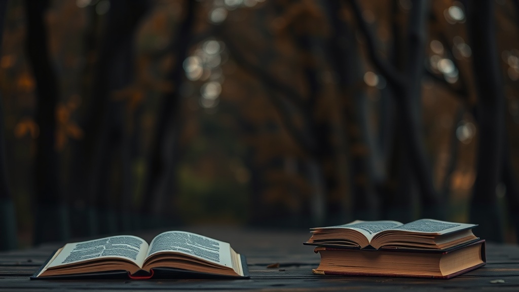 Two open books on a wooden table with a blurred forest background