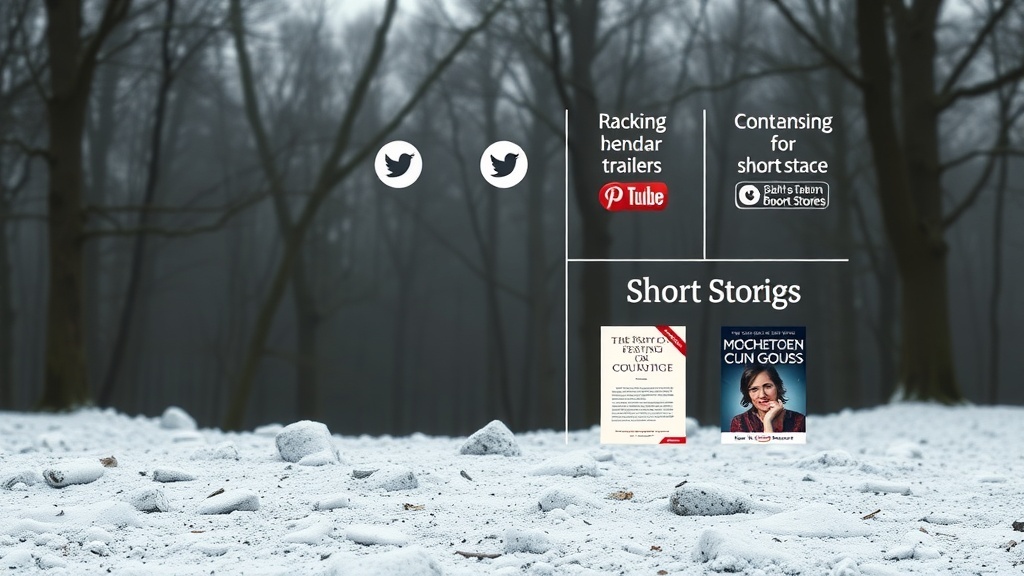 A snowy landscape with trees in the background, symbolizing a fresh start for marketing short stories.