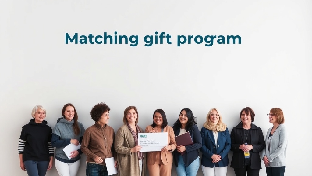 A diverse group of women holding a sign for a matching gift program.