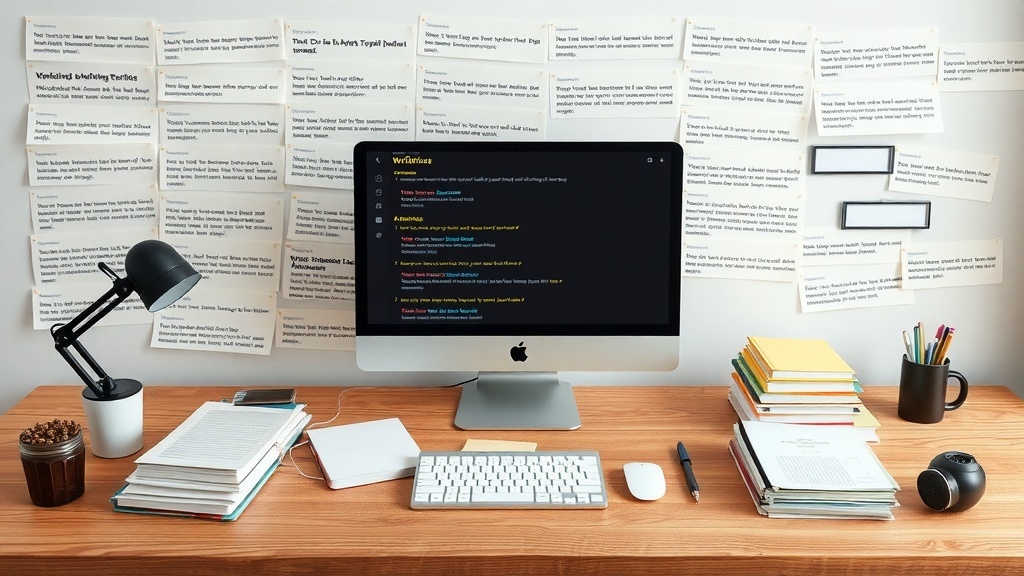 A workspace with a computer, books, and notes on the wall, ideal for writing fiction.