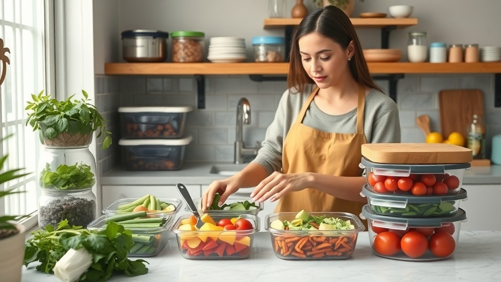 A woman preparing fresh vegetables in a kitchen for meal prep.
