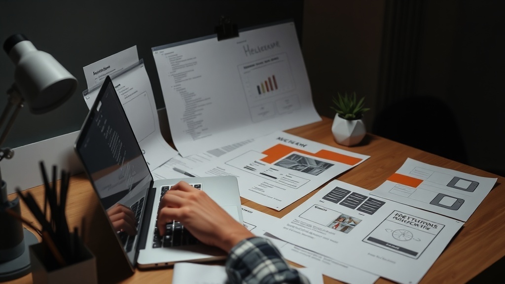 A workspace with a laptop, design documents, and a lamp, indicating mobile app development.