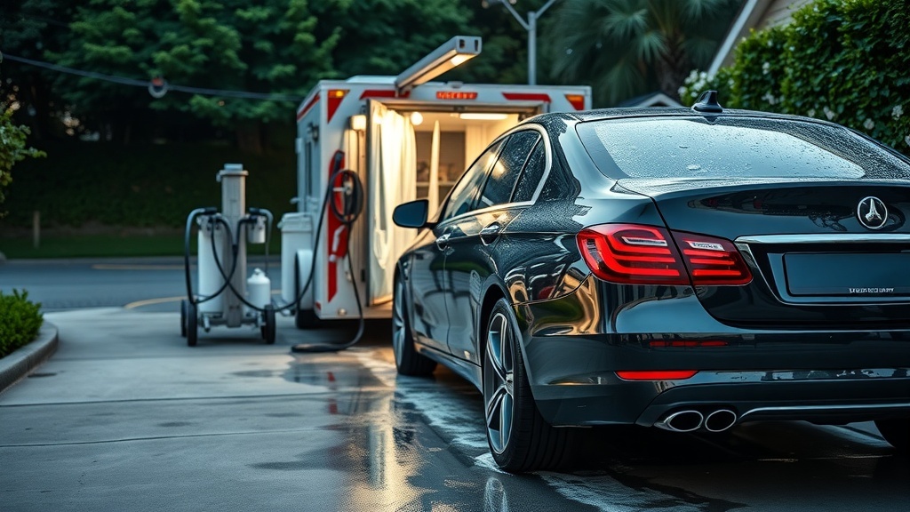 A mobile car wash setup with a black car and detailing unit.
